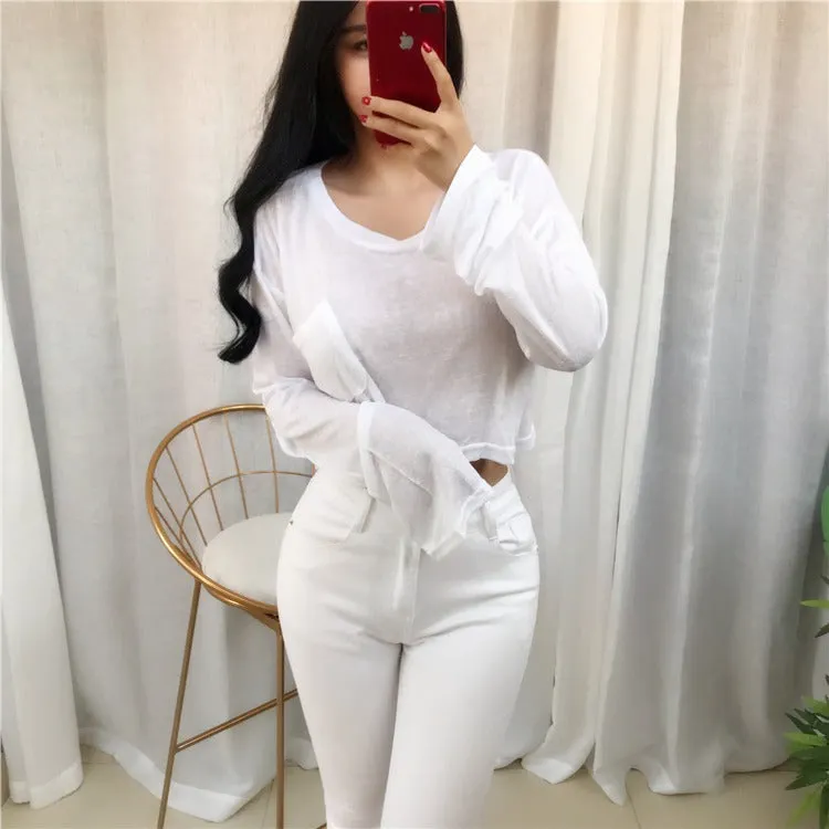 Spring Sexy Elastic Korean Style Skinny Slim Fit Long Sleeve Tops #2225