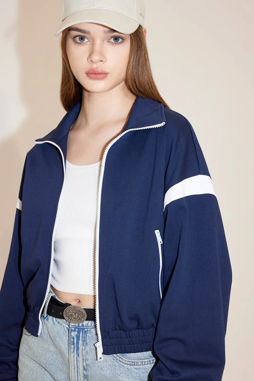 Stand Collar Zipper Retro Sporty Jacket