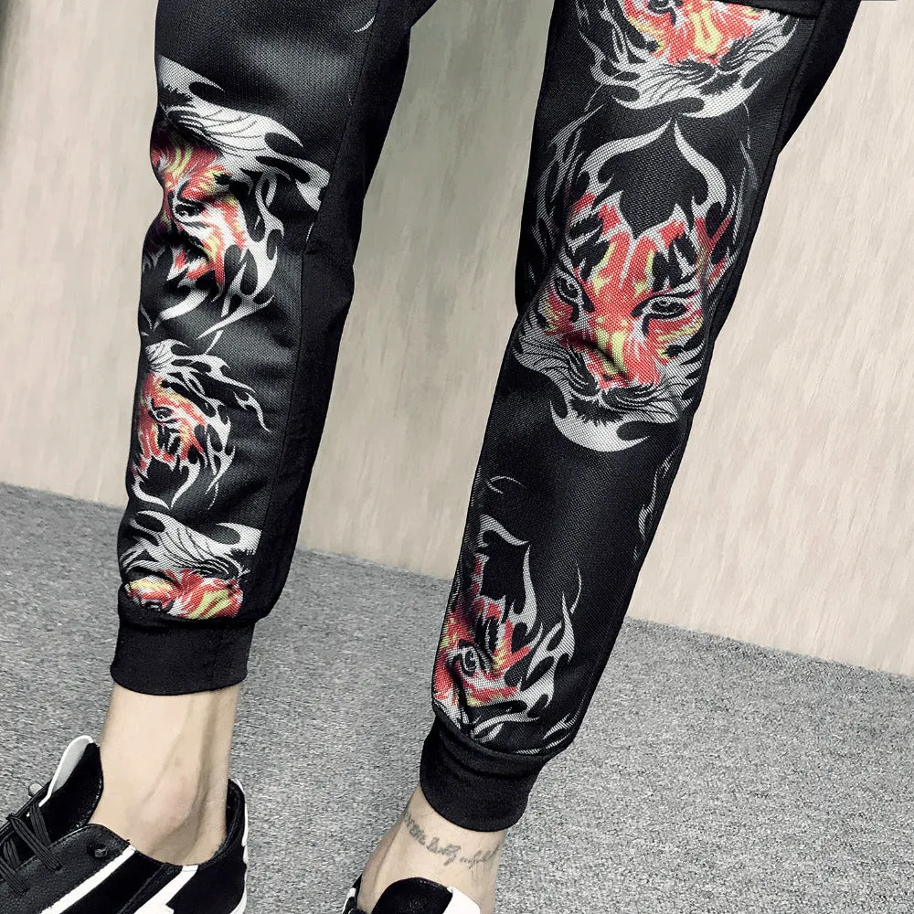 Tiger Head Prints Patchwork Men Ankle Length Jogger Pants Print