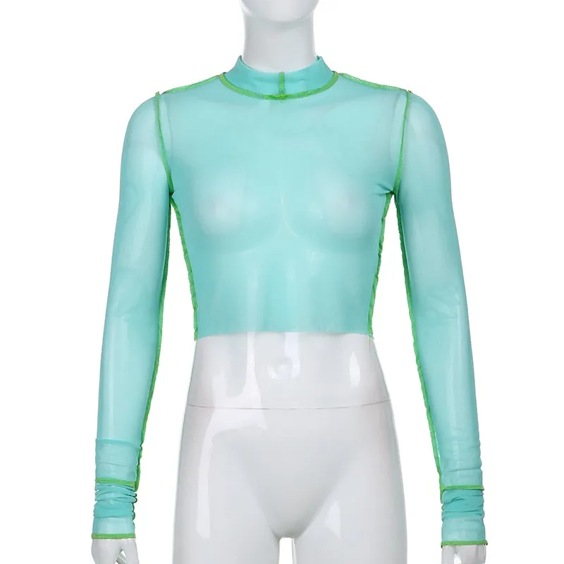 Transparent Sexy Mesh Turtleneck Cute Crop Long Sleeve