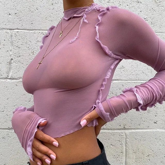 Transparent Sexy Mesh Turtleneck Cute Crop Long Sleeve