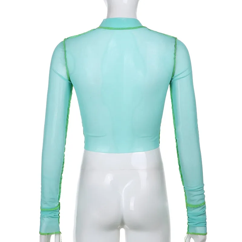 Transparent Sexy Mesh Turtleneck Cute Crop Long Sleeve