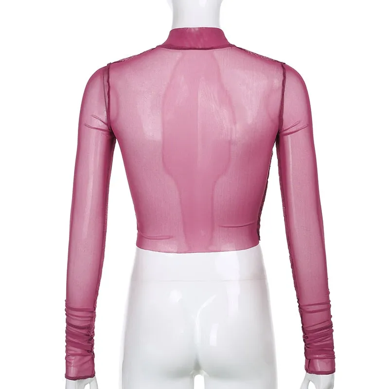 Transparent Sexy Mesh Turtleneck Cute Crop Long Sleeve