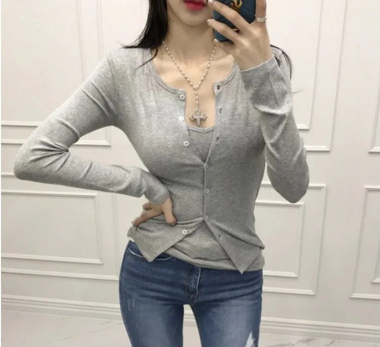 two pieces set vest cardigan   Solid cotton Sexy slim Sleeveless