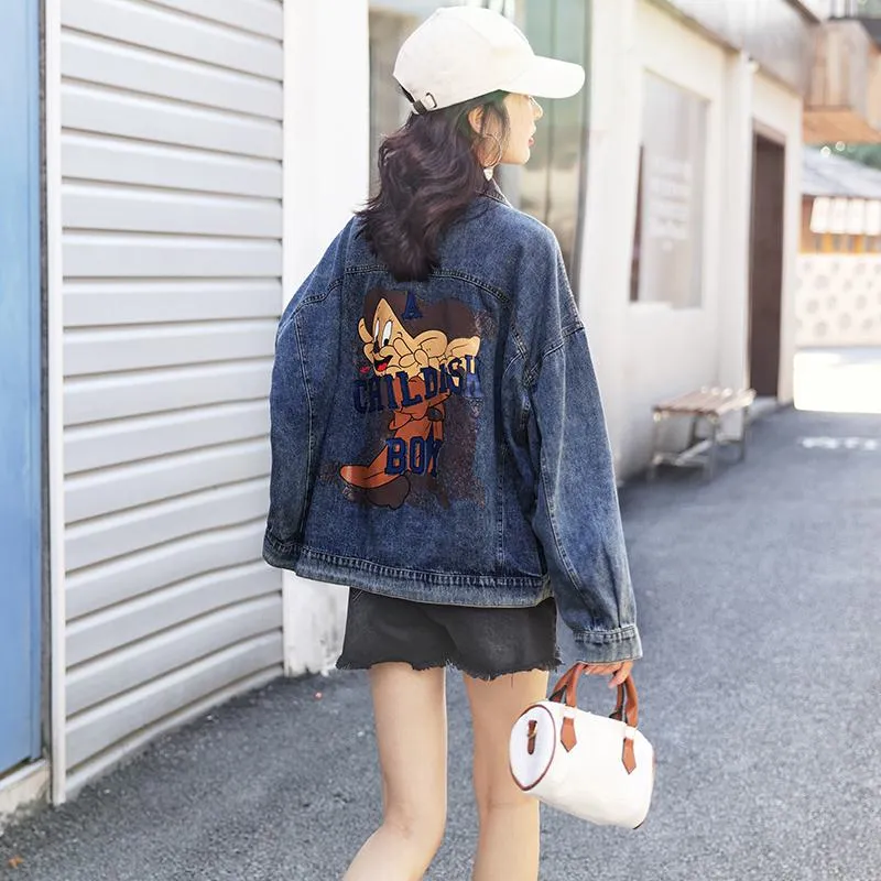 Versatile Casual Worn-Out Look Plus Loose Fit Label Washed Out Denim Jacket