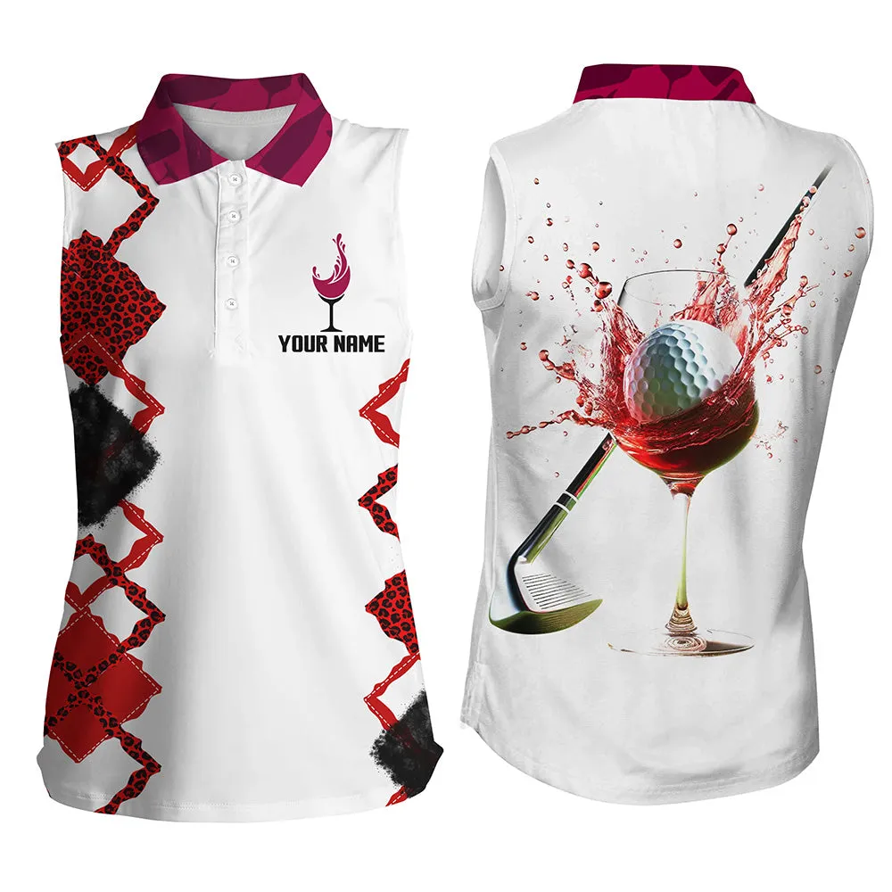 White Red Wine Leopard Golf Shirts For Women Custom Name Womens Golf Polo Shirts Golf Gifts