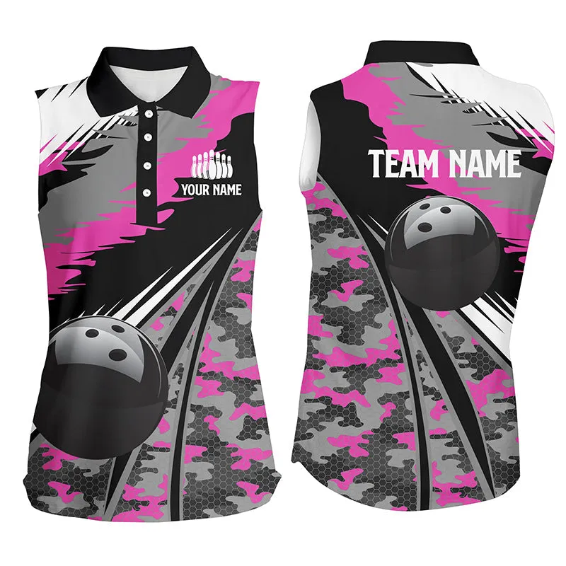 Women Bowling Sleeveless Polo Shirts Custom Black Ball Blue Camo Bowling Team, Gift For Bowlers