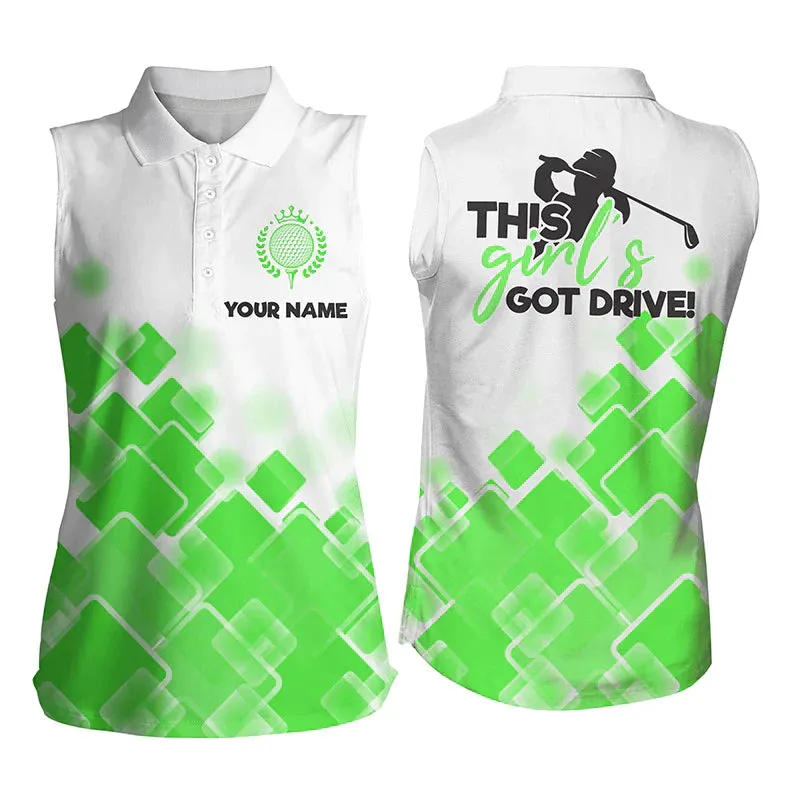 Women sleeveless polo shirt, this girl's got drive custom name green pattern golf shirts for women