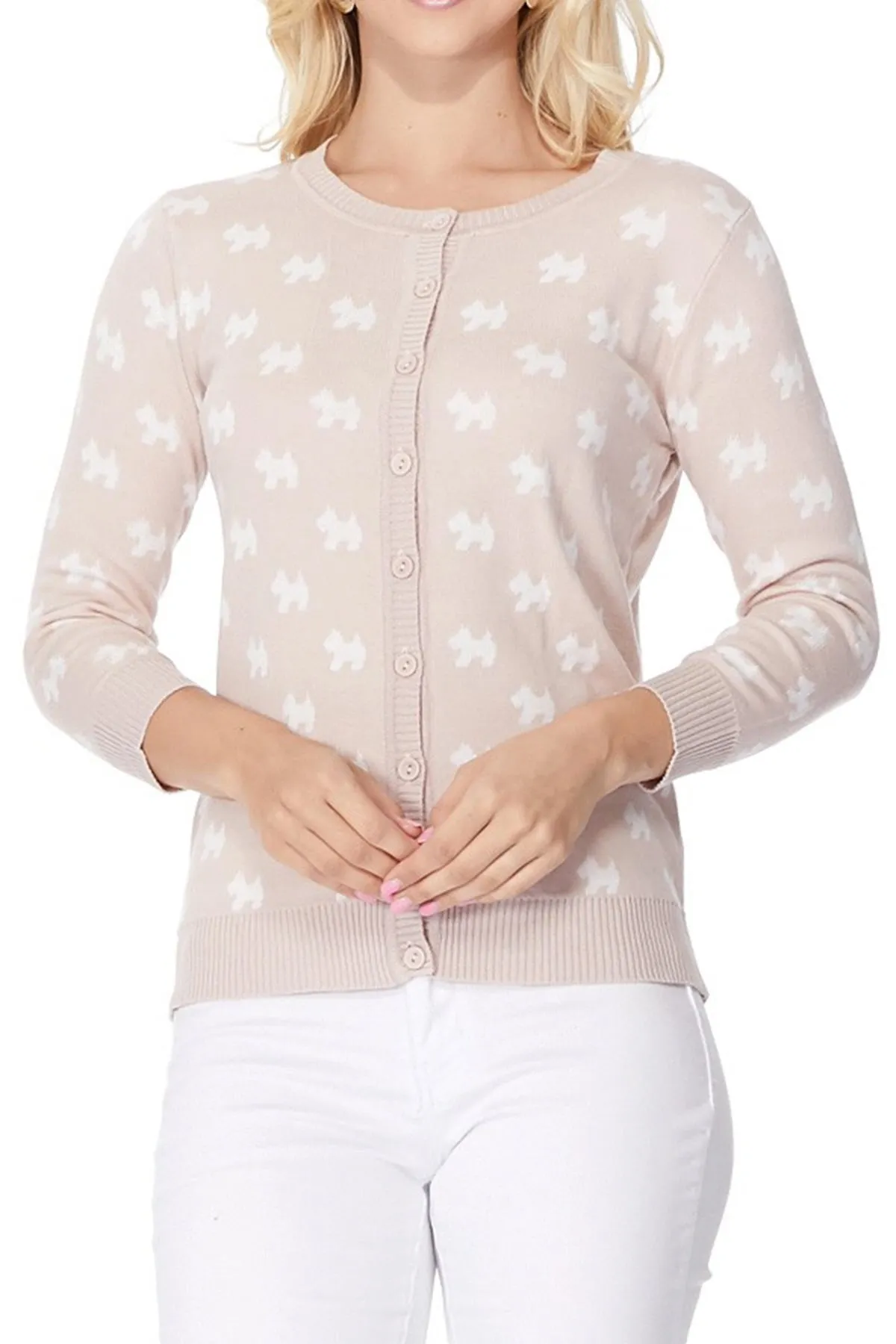 YEMAK Women's Cute Dog Patterned 3/4 Sleeve Crewneck Button Down Cardigan Sweater MK3675 (S-L)